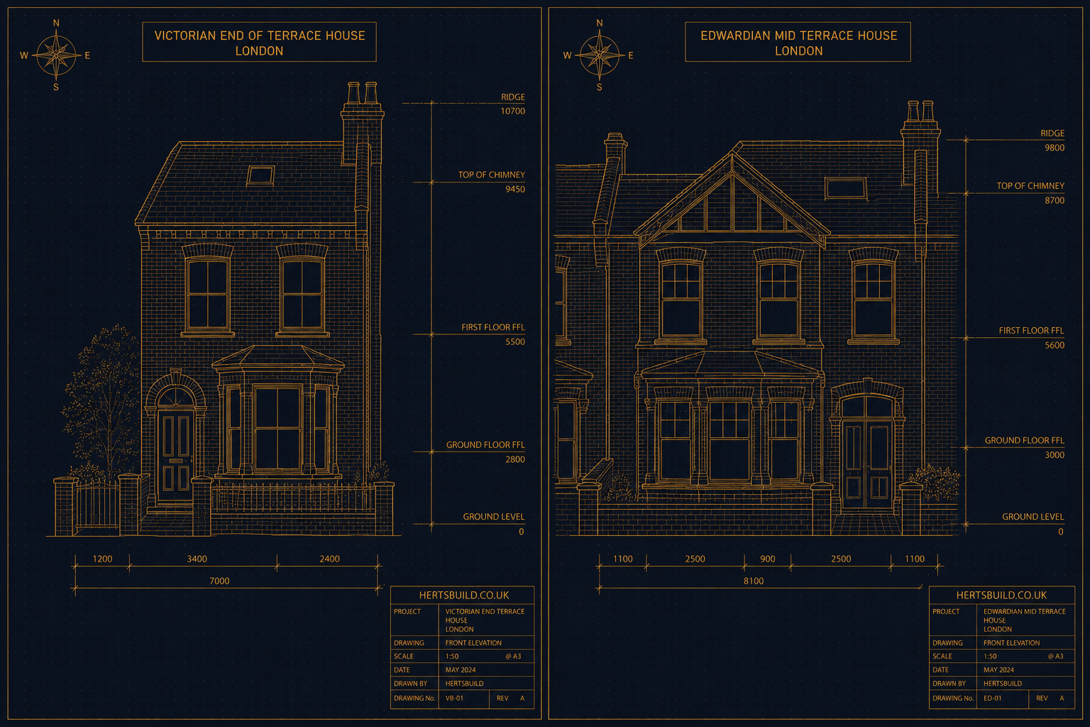 Herts Build measured elevation drawings of a Victorian end-of-terrace and an Edwardian mid-terrace house, typical of Barnet and the Hertfordshire border